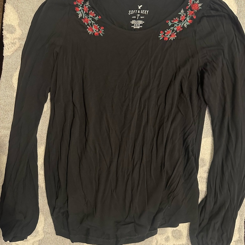 American Eagle Outfitters Black Blouse with Red Floral Detail